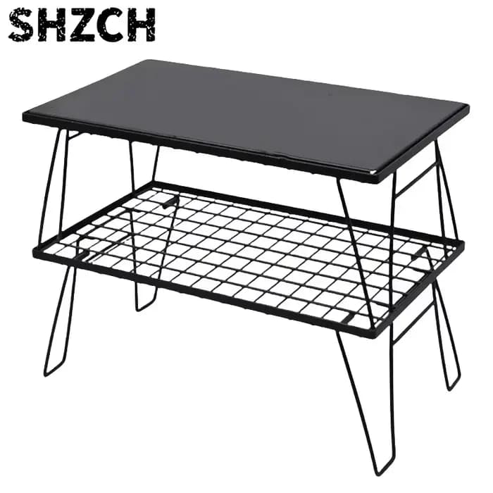 Table pliante multifonctionnelle d'extérieur en bambou avec étagères multiples pour barbecue, camping et pique-nique