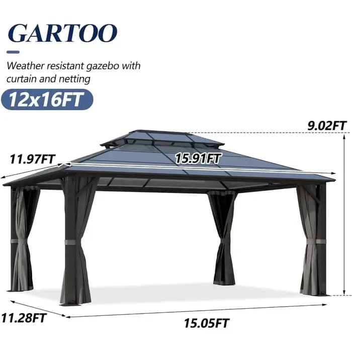 Gazebo rigide en polycarbonate 12x16 pieds avec double toit – Gazebo à cadre en acier robuste avec f