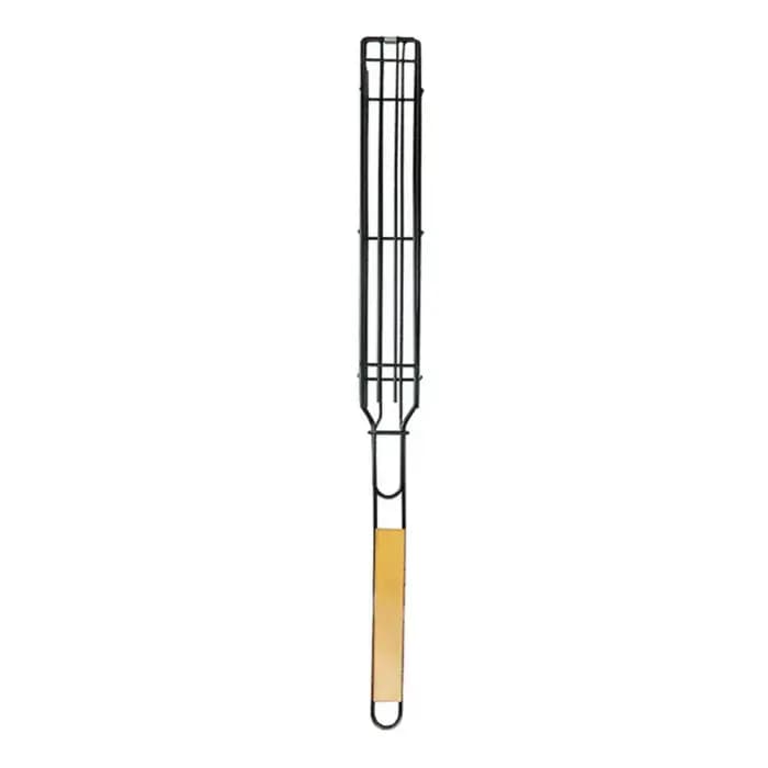 Panier de barbecue portable antiadhésif avec poignée en bois, grille en maille et pince à saucisses