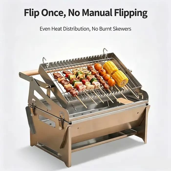 Portable 360 ° Barbecue pliable rotatif au charbon de bois en acier inoxydable avec grille amovible pour le camping