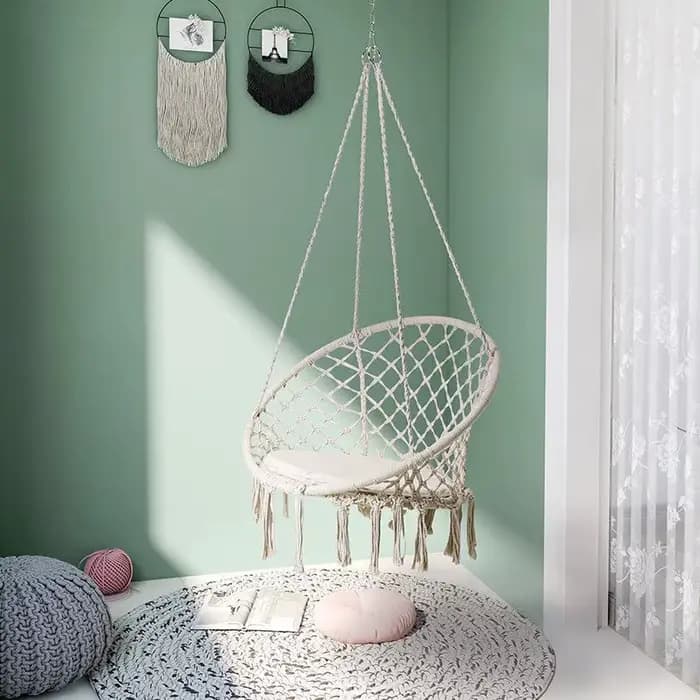 Fauteuil suspendu d'extérieur en corde de coton tressée avec pompons, panier balançoire paresseux po