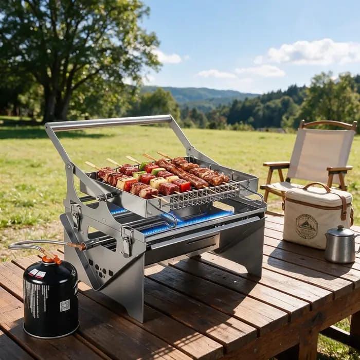 Barbecue à gaz portable, 360 ° Barbecue rotatif au charbon de bois, barbecue de camping en acier inoxydable avec sac de transport