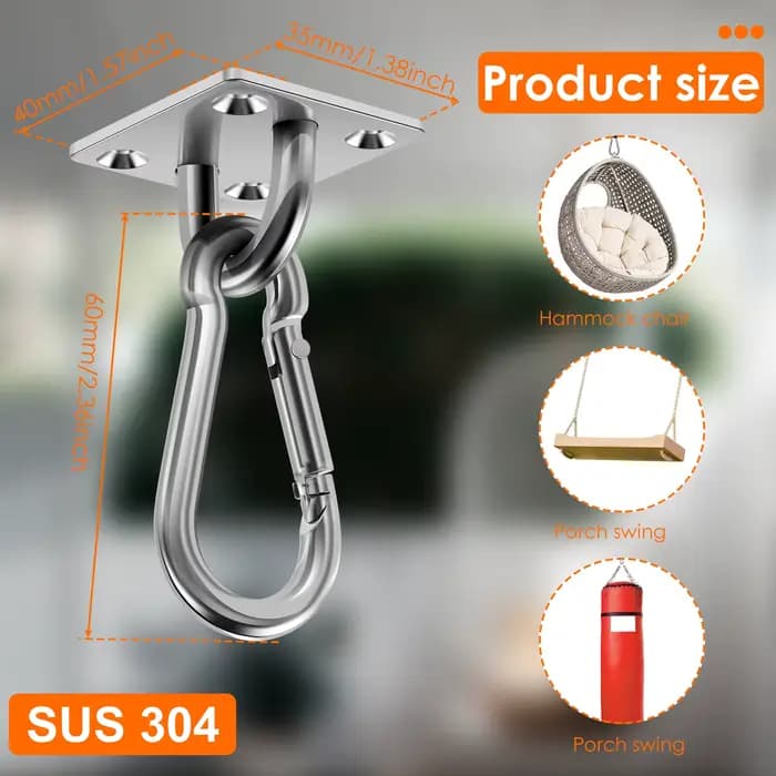 Crochet de suspension pour hamac M6 en acier inoxydable avec vis, crochet de plafond robuste, Kit de suspension antirouille pour intérieur et extérieur