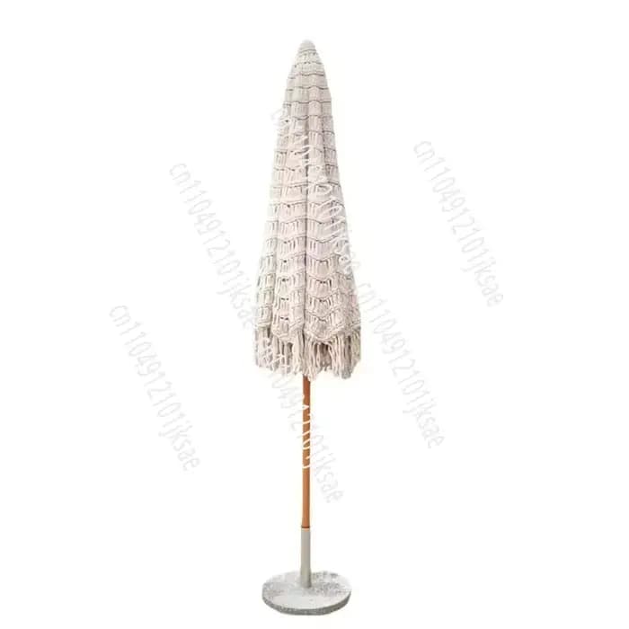 Parasol de luxe de style bohème, droit, à commande manuelle, en polyester, pour patio et plage, avec franges en macramé, design européen