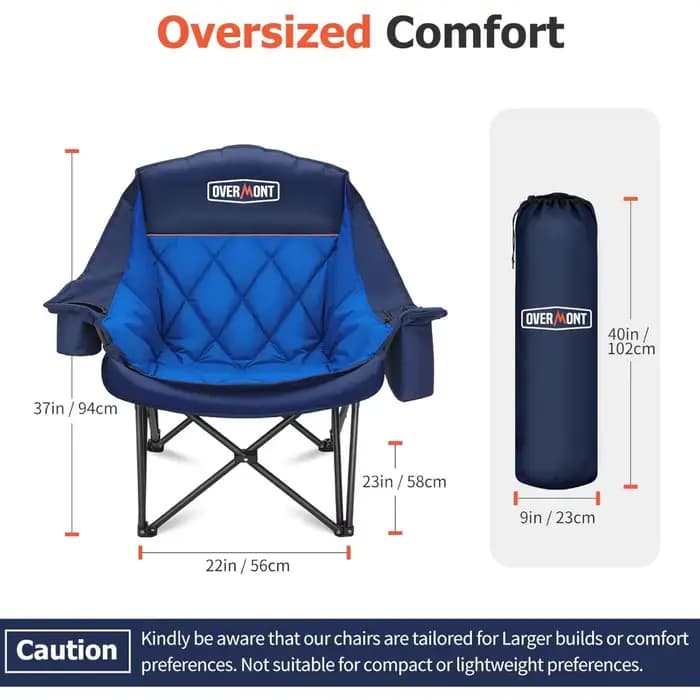 Chaise de camping XL surdimensionnée pour adultes, chaise pliante rembourrée robuste avec support de