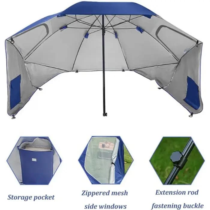 Parasol de plage coupe-vent UPF 50+ avec ancre de sable et inclinaison, pare-soleil portable et pliable pour patio, jardin, piscine, cour, pelouse, extérieur