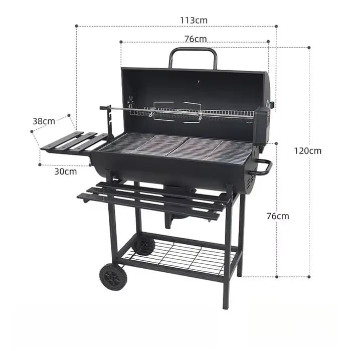 Grand barbecue à charbon de bois sur roulettes avec rôtissoire