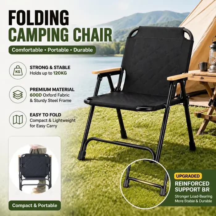 Chaise pliante Kemet avec renfort du dossier, chaise de camping portable pour la plage, la pêche, le pique-nique, le barbecue en plein air, les voyages