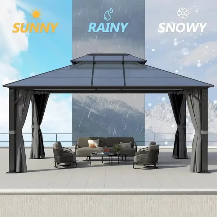 Gazebo rigide en polycarbonate 12x16 pieds avec double toit – Gazebo à cadre en acier robuste avec f