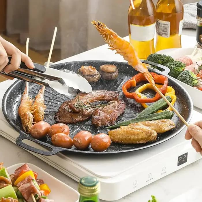 Poêle à Barbecue ronde coréenne, ustensiles de cuisson de Camping en plein air, plateau épais en fonte, poêle à frire de cuisine antiadhésive