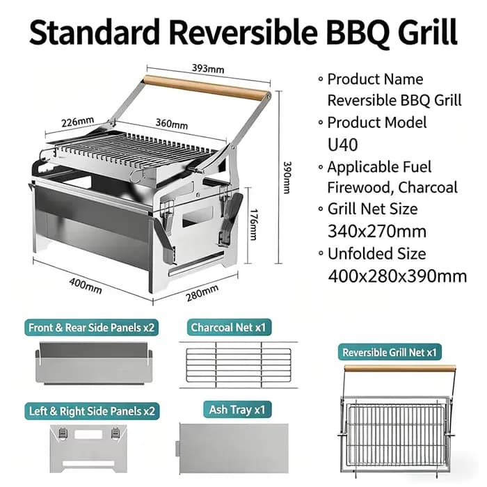 360 ° Barbecue au charbon de bois portable, pliable et rotatif en acier inoxydable avec grille amo