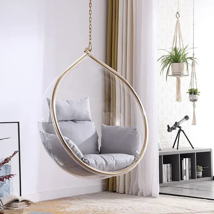 Fauteuil suspendu en forme de bulle, fauteuil œuf, meuble design pour salon, balcon et décoration glamour contemporaine