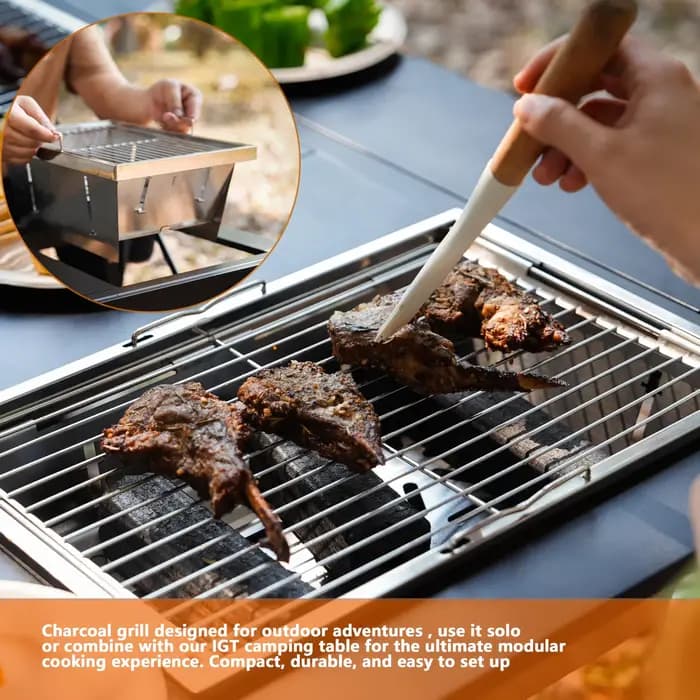 Barbecue pliable Pandatour Camping 1Unit IGT, facile à installer, portable, pour la randonnée, réchaud à charbon de bois, grille en acier inoxydable.
