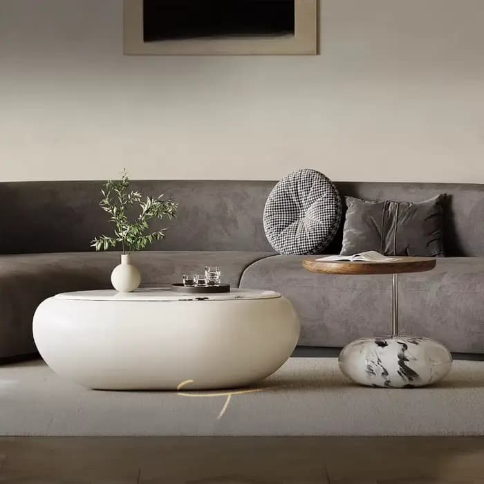 Glamour moderne plateau Table basse luxe Salon italien Beige ovale Tables d'appoint ronde empilable