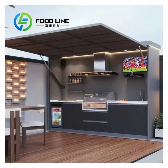 Abri de cuisine extérieur en aluminium en forme de L personnalisé avec comptoir de bar sur le toit