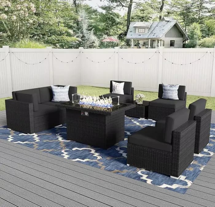 Ensemble de meubles avec table de foyer au gaz propane 44 ", 8 pièces, canapé de conversation WUNICE