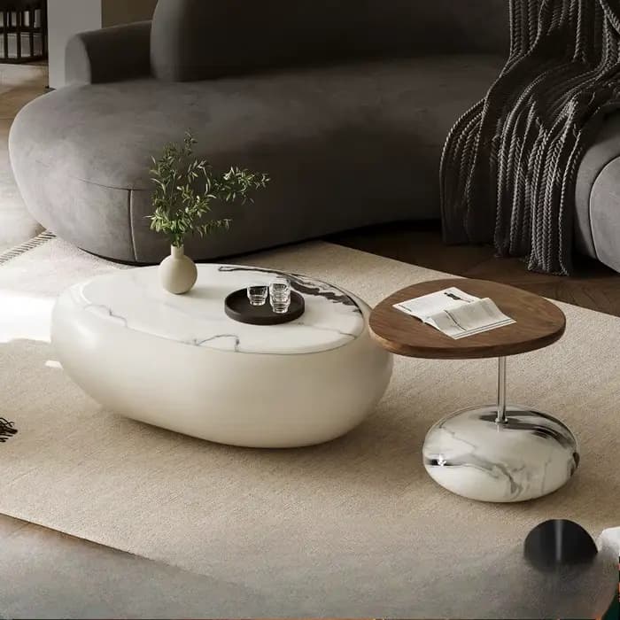 Glamour moderne plateau Table basse luxe Salon italien Beige ovale Tables d'appoint ronde empilable