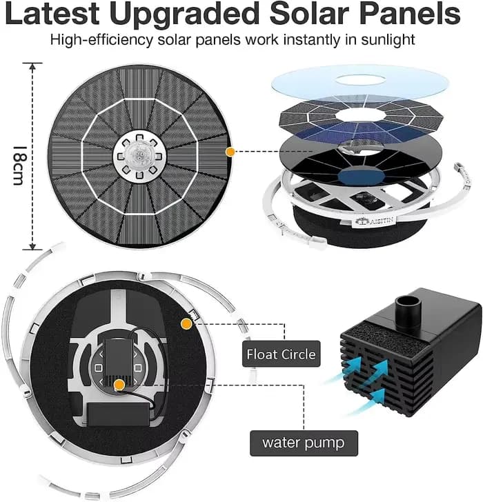 Pompe de fontaine solaire LED 3,5 W avec lumière colorée LED et batterie 1500 mah, 3 supports rétrac