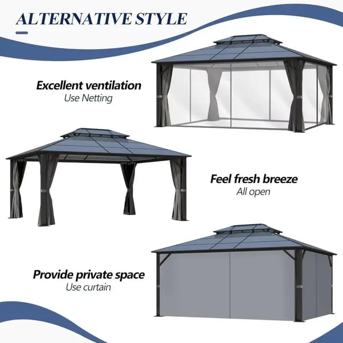 Gazebo rigide en polycarbonate 12x16 pieds avec double toit – Gazebo à cadre en acier robuste avec f