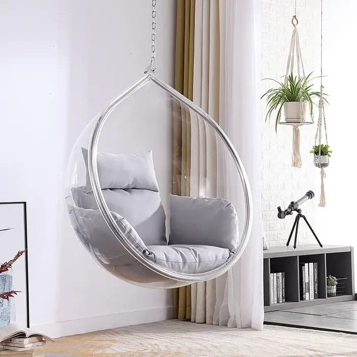 Fauteuil suspendu en forme de bulle, fauteuil œuf, meuble design pour salon, balcon et décoration glamour contemporaine