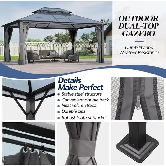 Gazebo rigide en polycarbonate 12x16 pieds avec double toit – Gazebo à cadre en acier robuste avec f