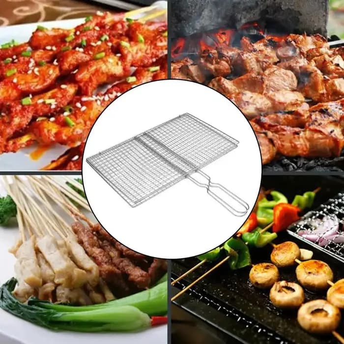 Panier de cuisson pour barbecue, filet de grillade pour viande, poisson et légumes, en maille d'acier argentée avec pince