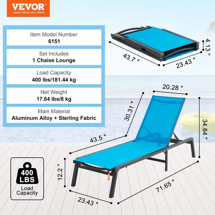 Chaise longue extérieure en aluminium Patio LoungeFolding Pool Lounge inclinable entièrement plat