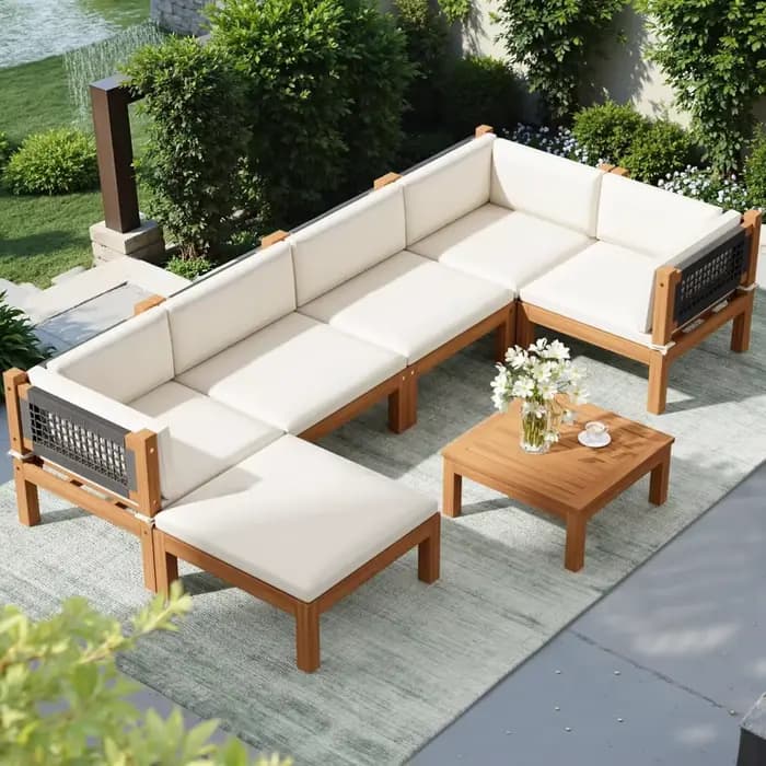 Canapé de Patio en bois d'acacia 7 pièces, siège d'entraîneur sectionnel extérieur et causeuse avec