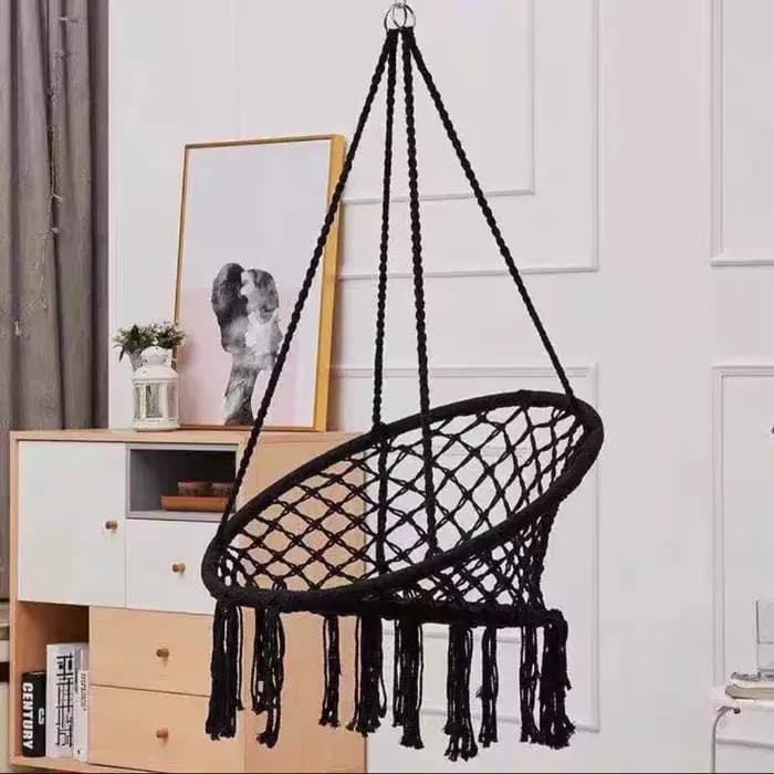 Fauteuil suspendu d'extérieur en corde de coton tressée avec pompons, panier balançoire paresseux po