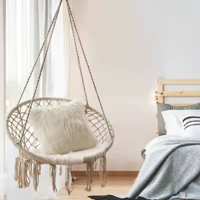 Fauteuil suspendu d'extérieur en corde de coton tressée avec pompons, panier balançoire paresseux po