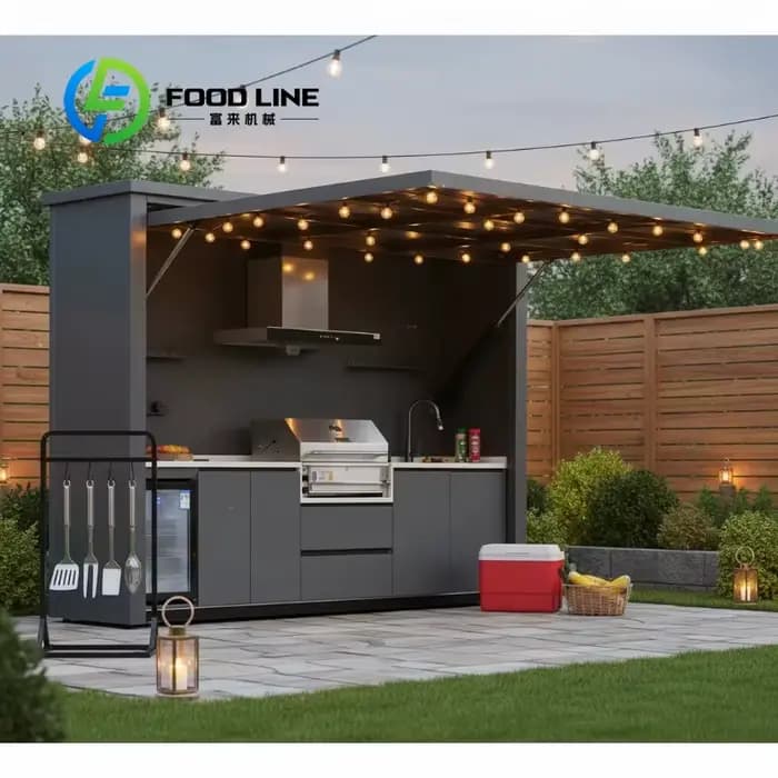 Abri de cuisine extérieur en aluminium en forme de L personnalisé avec comptoir de bar sur le toit