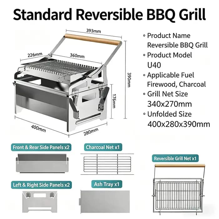 Portable 360 ° Barbecue pliable rotatif au charbon de bois en acier inoxydable avec grille amovible pour le camping