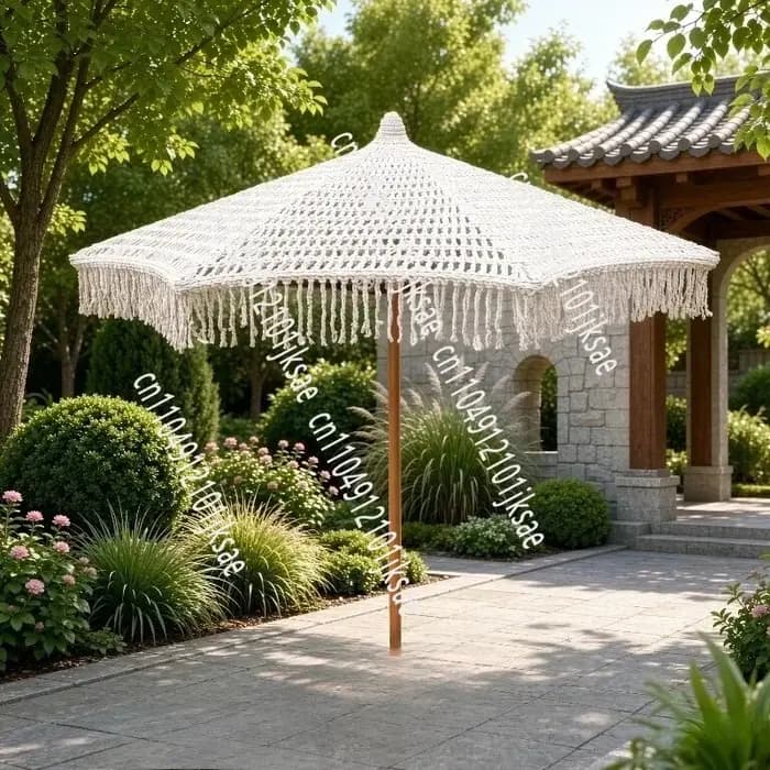 Parasol de luxe de style bohème, droit, à commande manuelle, en polyester, pour patio et plage, avec franges en macramé, design européen