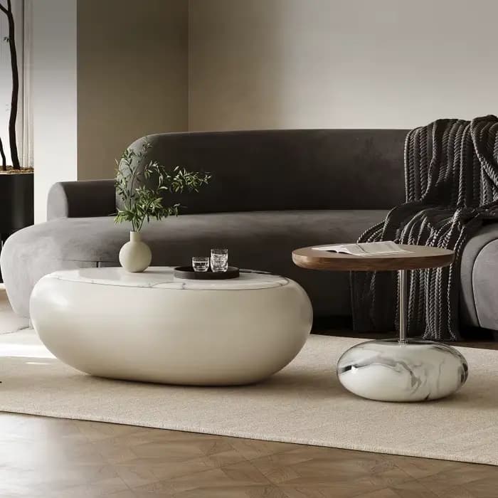 Glamour moderne plateau Table basse luxe Salon italien Beige ovale Tables d'appoint ronde empilable