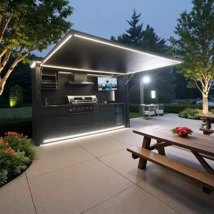 Cuisine extérieure en acier inoxydable, résistante aux intempéries, avec barbecue intégré pour jardin, patio, personnalisable