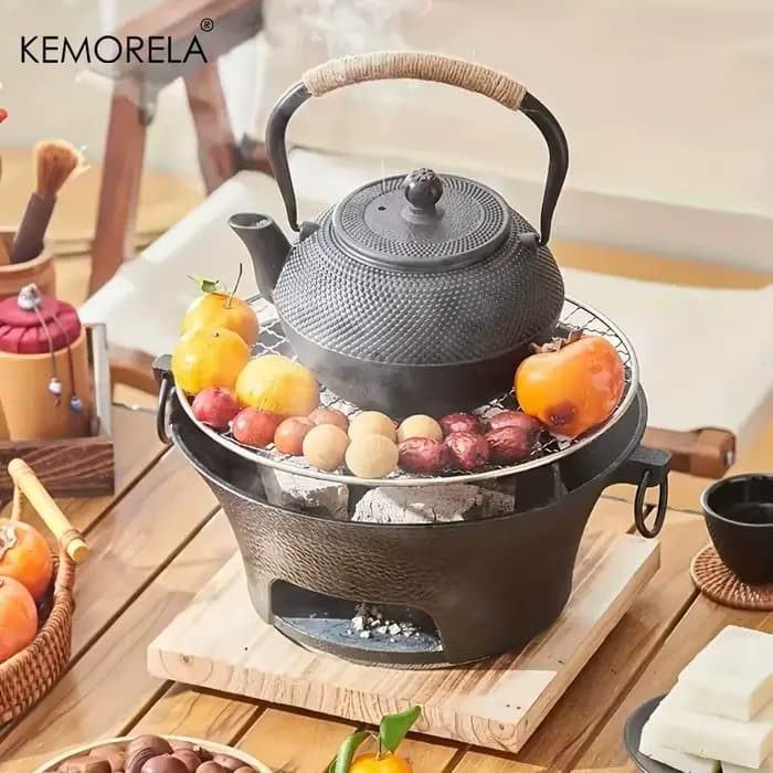 1 ensemble poêle à charbon de bois en fonte Camping en plein air Barbecue BBQ gâteau de riz