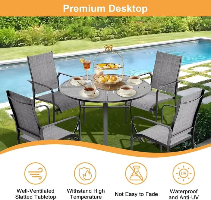 Ensemble de salle à manger de patio rond 5 pièces avec table en aluminium de 42 pouces et 4 chaises