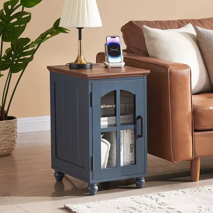 Ensemble de 2 tables d'appoint étroites, table de chevet style farmhouse avec station de charge, tab